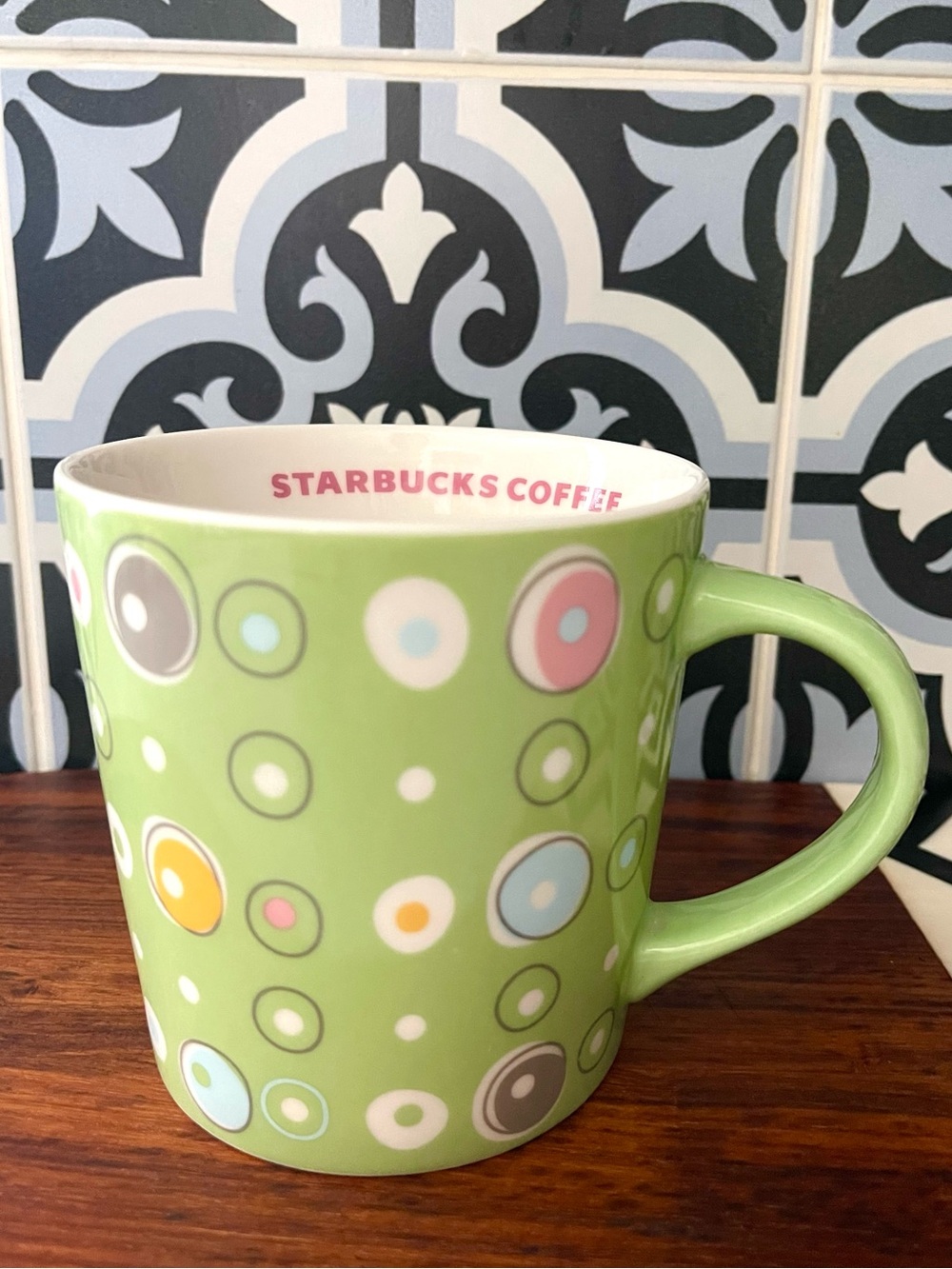 STARBUCKS Retro Deco Mug Geometric Multicolor Dots Circles VINTAGE (2005) GREEN